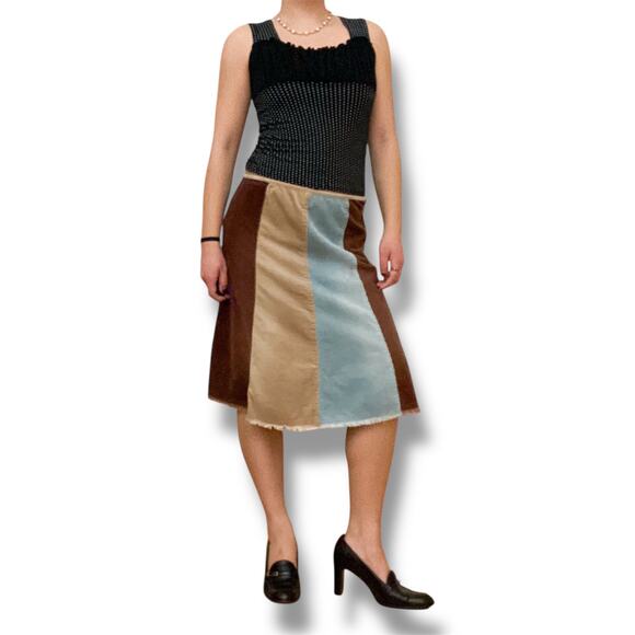 Vintage 90s Ruth Corduroy Patchwork Midi Skirt Striped Cotton Brown Blue - Picture 1 of 11